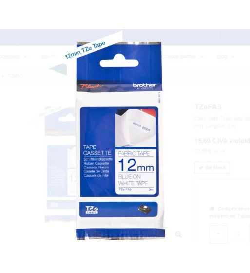 TZE FA3 | CINTA BROTHER TEXTIL TZE-FA3 AZUL/BLANCO 12MM X 3M