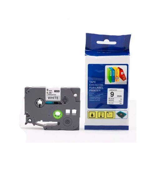 Cinta Compatible TZC-221 9mm Negro Blanco Adhesiva para Rotuladoras Brother