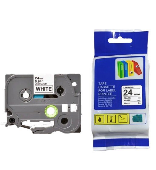 Cinta Compatible TZC-251 24mm Negro Blanco Adhesiva para Rotuladoras Brother