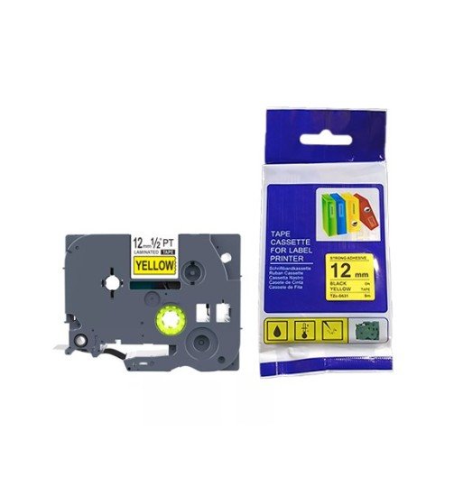 Cinta Compatible TZC-S631 12mm Negro/Amarillo Super Adhesiva para Rotuladoras Brother