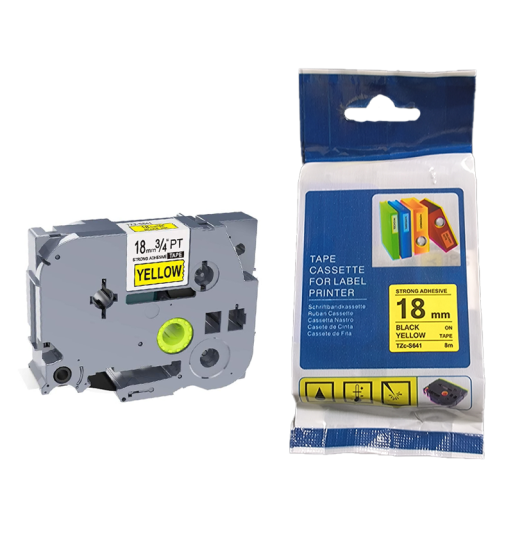 Cinta Compatible TZC-S641 18mm Negro sobre Amarillo Adhesiva para Rotuladoras Brother