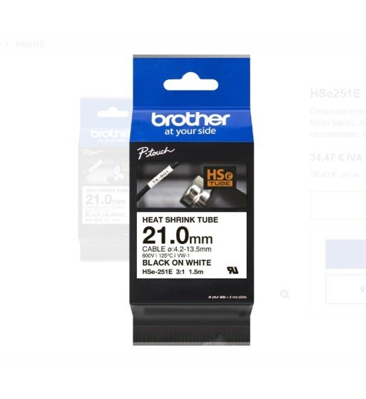 Cinta Termocontraible BROTHER HSE-251E 21mm Negra/Blanca 1.5m