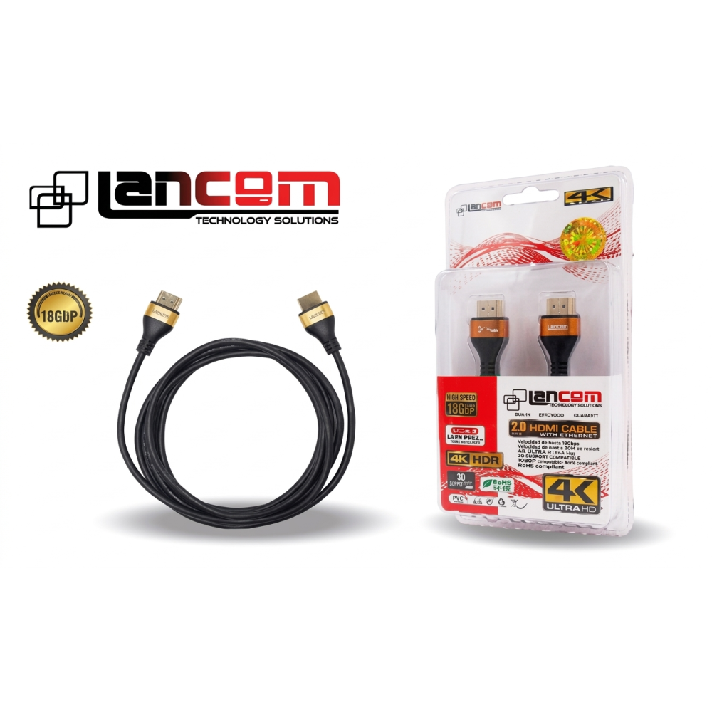 CABLE HDMI LANCOM 32AWG 1m 4MM DELGADO CONECTOR DORADO V2.0